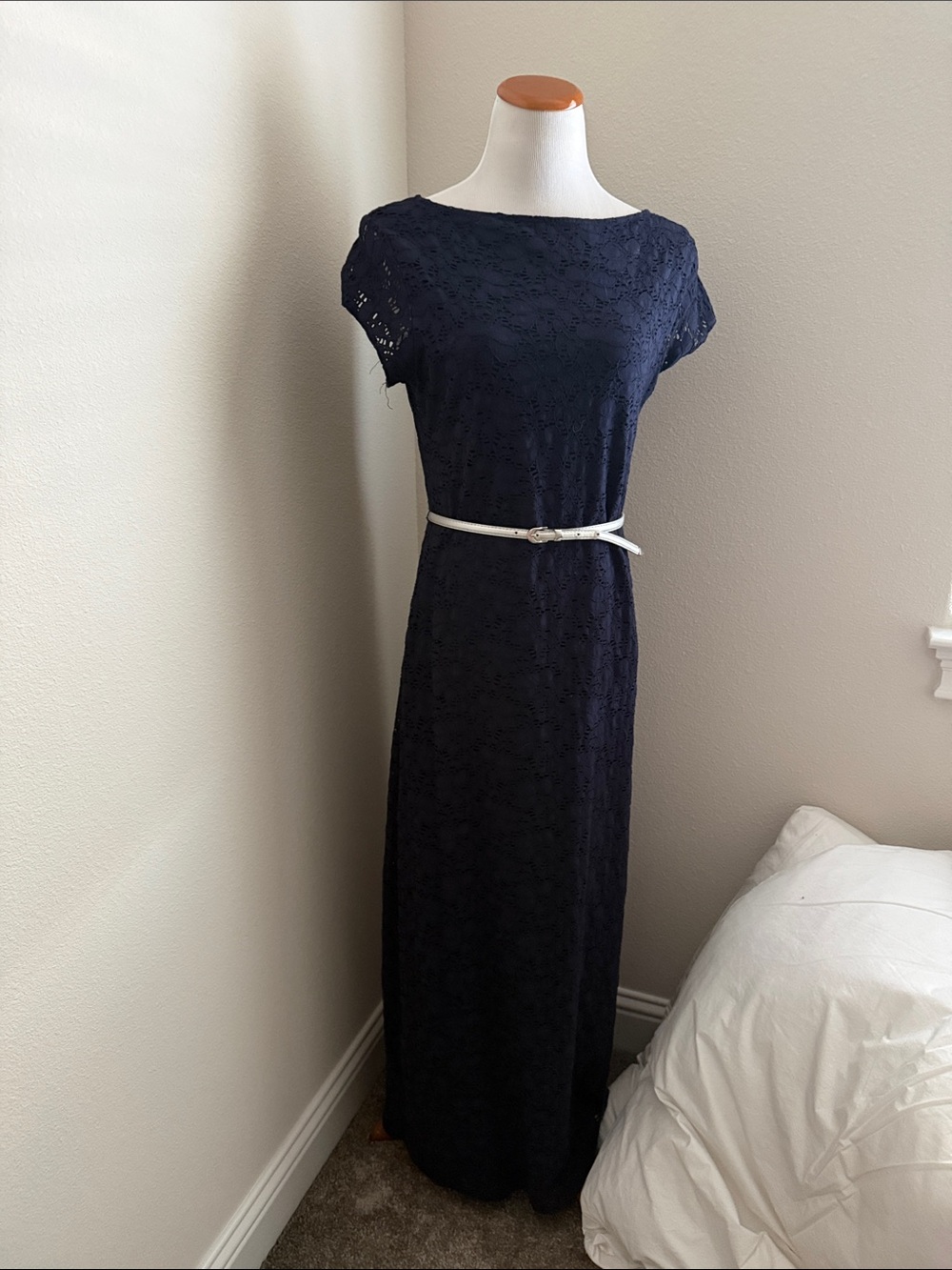 Sharagano Navy Lace Maxi Dress with Slim Belt